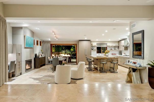 Dining room, Fireplace, Interior, Kitchen, Living room, Recessed Lighting, Stainless Steel Appliances