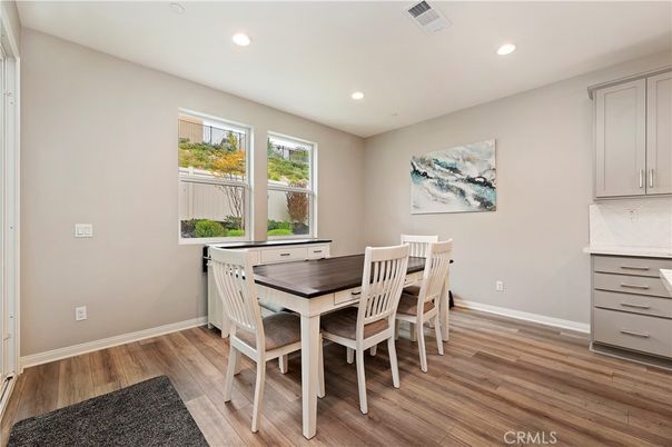 Dining room, Interior, Recessed Lighting, Wood Texture Flooring