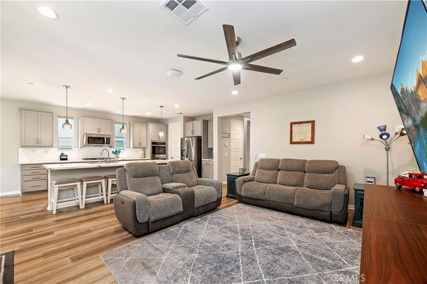 Interior, Kitchen, Living room, Pendant Lights, Recessed Lighting, Stainless Steel Appliances, Wood Texture Flooring