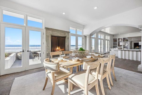 Dining room, Fireplace, Interior, Living room, Recessed Lighting, Water