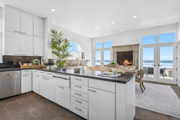 Fireplace, Interior, Kitchen, Recessed Lighting, Stainless Steel Appliances, Water