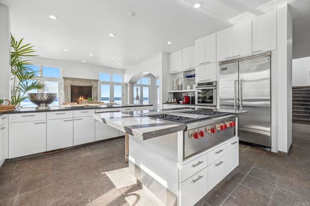 Fireplace, Interior, Kitchen, Recessed Lighting, Stainless Steel Appliances