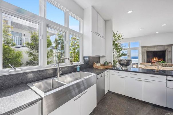 Fireplace, Interior, Kitchen, Recessed Lighting, Stainless Steel Appliances