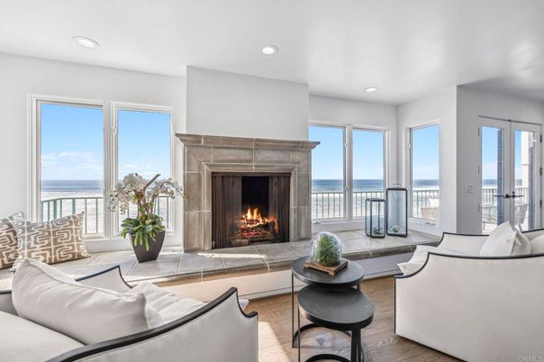 Fireplace, Interior, Living room, Recessed Lighting, Water, Wood Texture Flooring