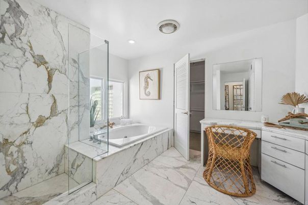 Bathroom, Glass Shower, Interior, Marble, Marble Walls, Recessed Lighting