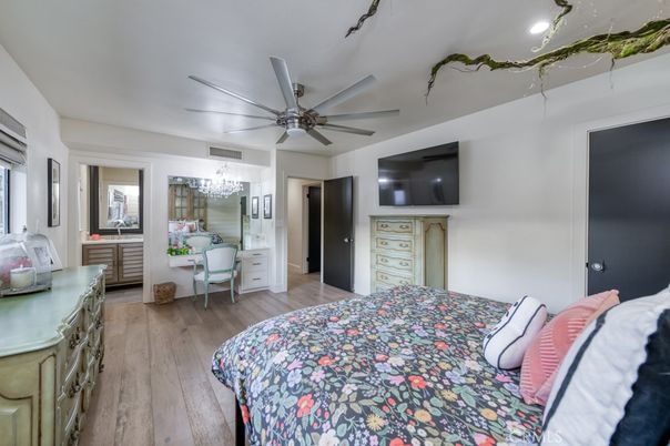 Bedroom, Chandelier, Interior, Recessed Lighting, Wood Texture Flooring