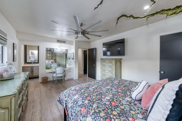 Bedroom, Chandelier, Interior, Recessed Lighting, Wood Texture Flooring