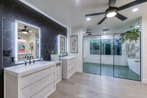 Bathroom, Dual Sink Vanities, Glass Shower, Interior, Recessed Lighting, Wood Texture Flooring