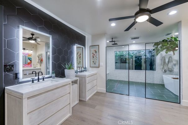Bathroom, Dual Sink Vanities, Glass Shower, Interior, Recessed Lighting, Wood Texture Flooring
