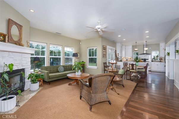 Dining room, Fireplace, Interior, Kitchen, Living room, Pendant Lights, Recessed Lighting, Wood Texture Flooring