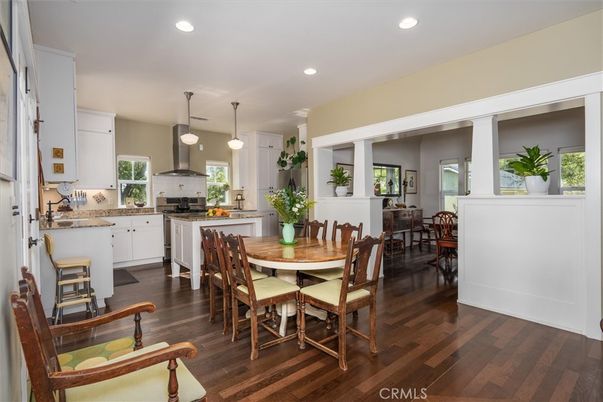 Dining room, Interior, Kitchen, Pendant Lights, Recessed Lighting, Wood Texture Flooring