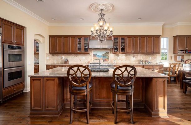 Chandelier, Interior, Kitchen, Recessed Lighting, Stainless Steel Appliances, Wood Texture Flooring