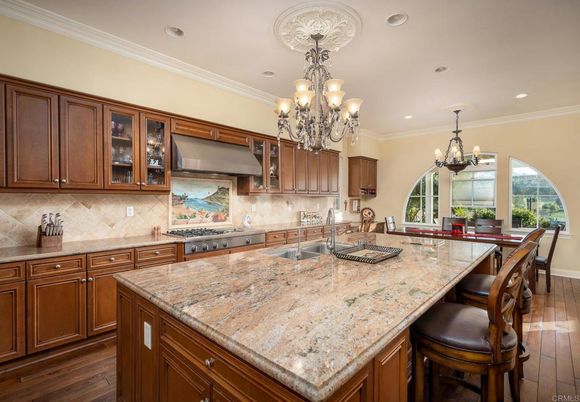 Chandelier, Interior, Kitchen, Recessed Lighting, Stainless Steel Appliances, Wood Texture Flooring