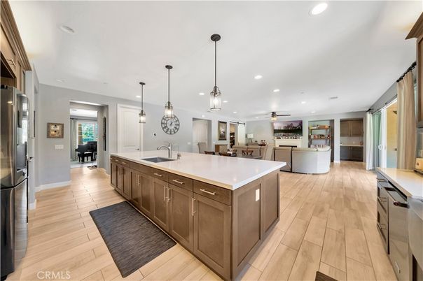 Dining room, Interior, Kitchen, Living room, Pendant Lights, Recessed Lighting, Stainless Steel Appliances, Wood Texture Flooring