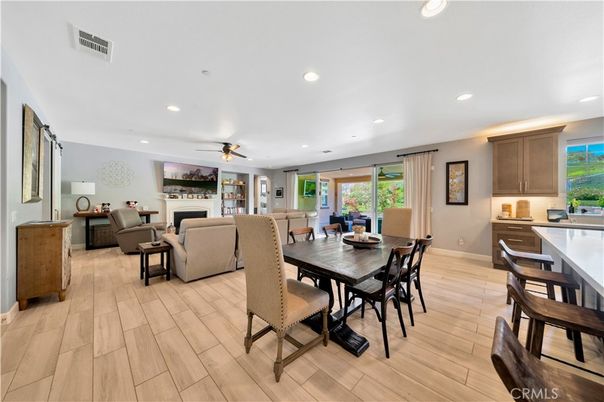Dining room, Interior, Living room, Recessed Lighting, Wood Texture Flooring