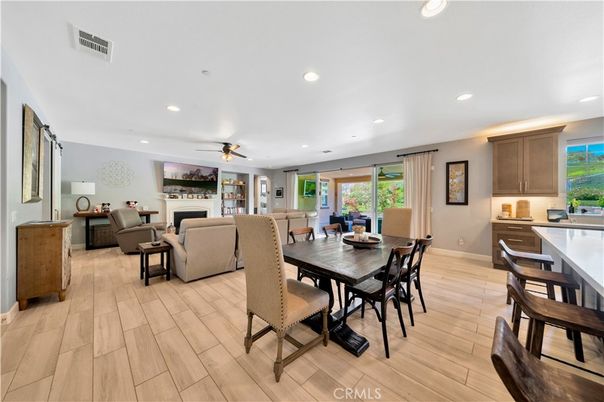 Dining room, Interior, Living room, Recessed Lighting, Wood Texture Flooring