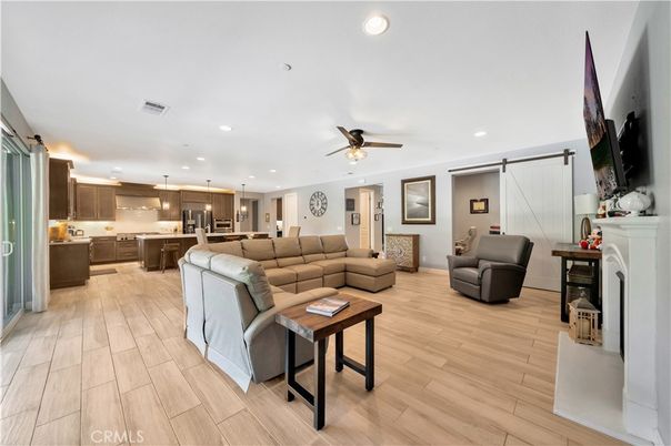 Fireplace, Interior, Kitchen, Living room, Pendant Lights, Recessed Lighting, Wood Texture Flooring