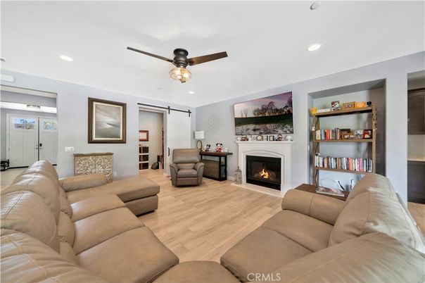 Fireplace, Interior, Living room, Recessed Lighting, Wood Texture Flooring