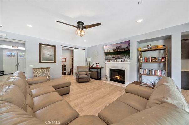 Fireplace, Interior, Living room, Recessed Lighting, Wood Texture Flooring