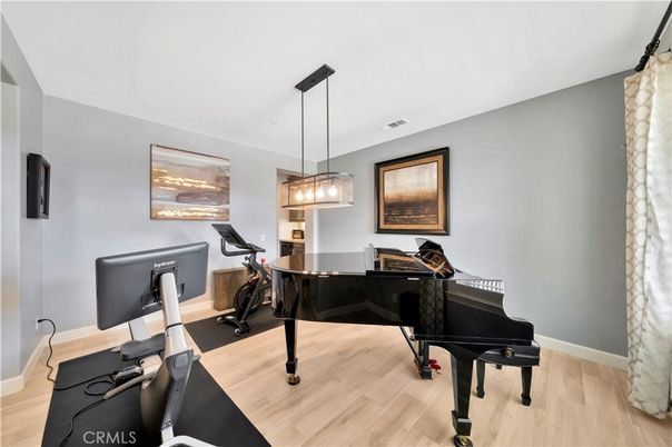 Fitness Equipment, Home Office, Interior, Pendant Lights, Piano, Wood Texture Flooring