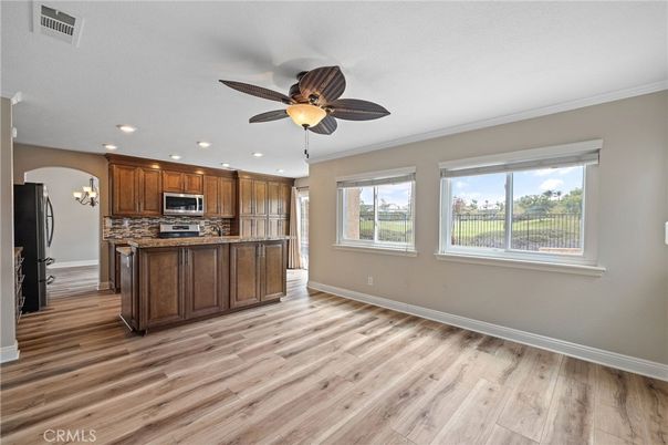 Chandelier, Interior, Kitchen, Recessed Lighting, Stainless Steel Appliances, Wood Texture Flooring
