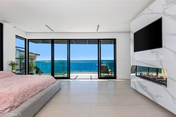 Bedroom, Fireplace, Interior, Marble Walls, Recessed Lighting, Water
