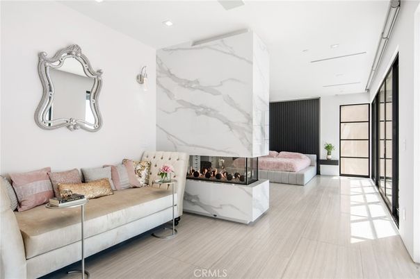 Fireplace, Interior, Marble Walls, Recessed Lighting