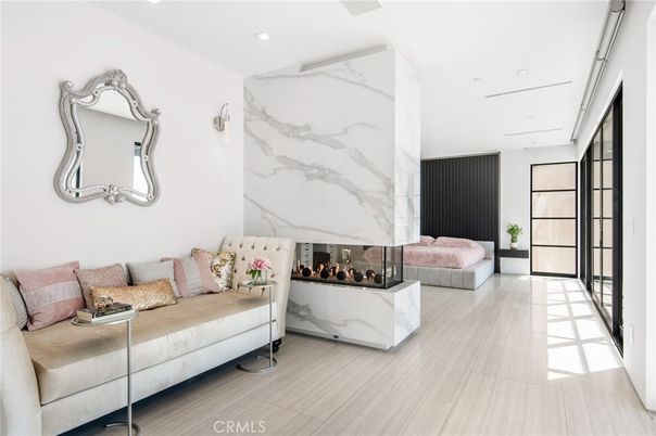 Fireplace, Interior, Marble Walls, Recessed Lighting