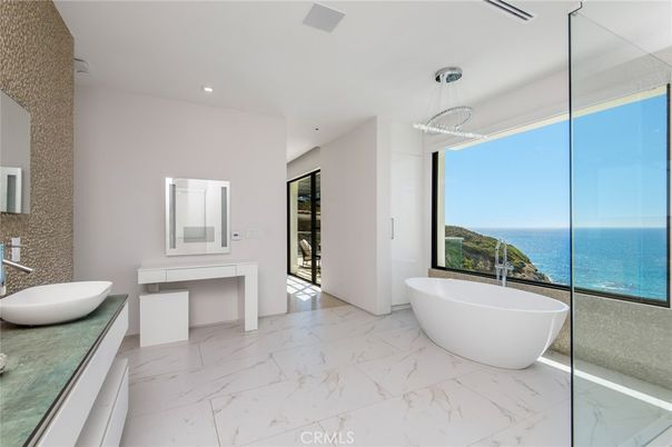 Bathroom, Dual Sink Vanities, Free Standing Baths, Interior, Marble, Pendant Lights, Recessed Lighting, Water