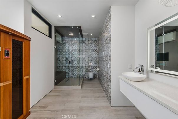 Bathroom, Glass Shower, Interior, Recessed Lighting, Wood Texture Flooring