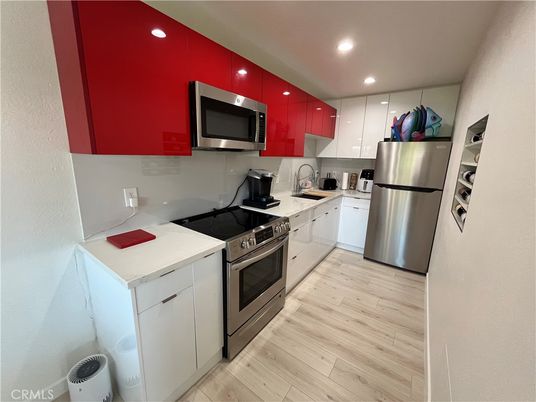 Interior, Kitchen, Recessed Lighting, Stainless Steel Appliances, Wood Texture Flooring