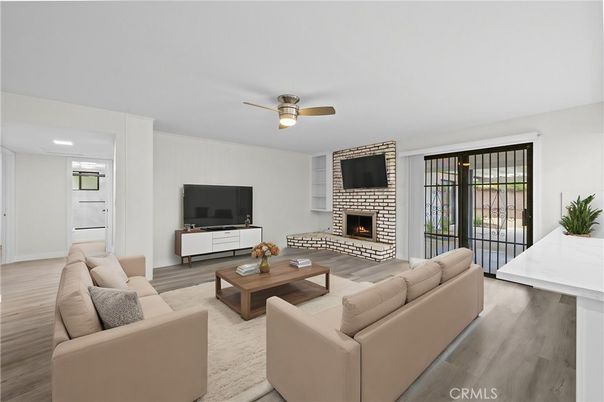 Fireplace, Interior, Living room, Recessed Lighting, Wood Texture Flooring