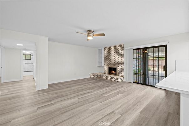 Empty room, Fireplace, Interior, Recessed Lighting, Wood Texture Flooring