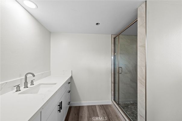 Bathroom, Glass Shower, Interior, Recessed Lighting, Wood Texture Flooring