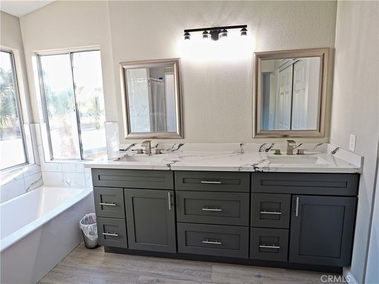 Bathroom, Dual Sink Vanities, Free Standing Baths, Interior, Wood Texture Flooring