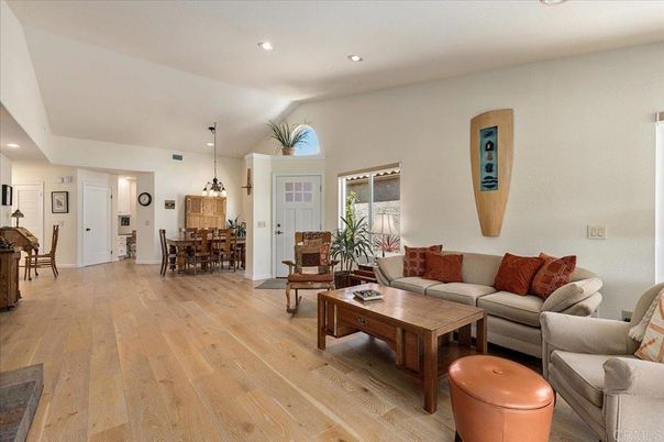 Dining room, Interior, Living room, Pendant Lights, Recessed Lighting, Wood Texture Flooring
