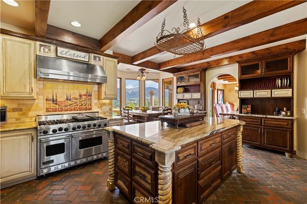 Chandelier, Interior, Kitchen, Recessed Lighting, Stainless Steel Appliances, Wooden Beams