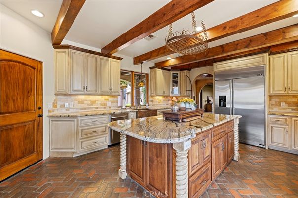 Chandelier, Interior, Kitchen, Pendant Lights, Recessed Lighting, Stainless Steel Appliances, Wooden Beams
