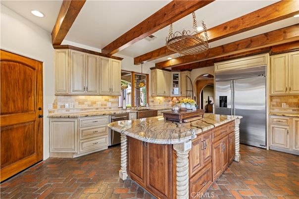 Chandelier, Interior, Kitchen, Recessed Lighting, Stainless Steel Appliances, Wooden Beams