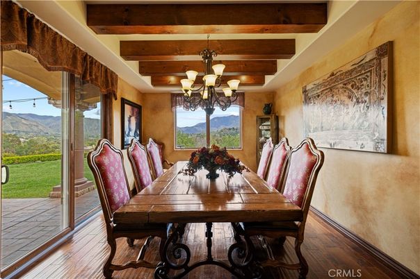 Chandelier, Dining room, Interior, Wooden Beams, Wood Texture Flooring