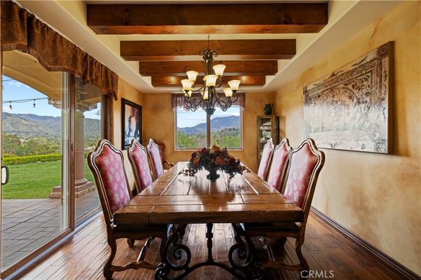 Chandelier, Dining room, Interior, Wooden Beams, Wood Texture Flooring
