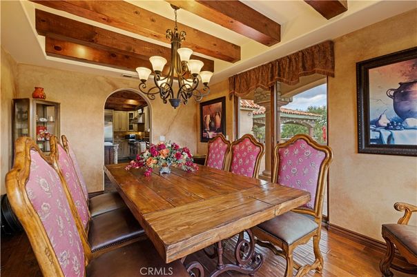 Chandelier, Dining room, Interior, Wooden Beams, Wood Texture Flooring