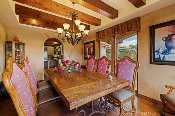 Chandelier, Dining room, Interior, Wooden Beams, Wood Texture Flooring