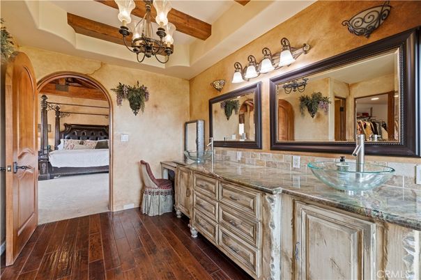 Bedroom, Chandelier, Interior, Wooden Beams, Wood Texture Flooring