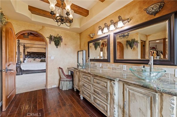 Bedroom, Chandelier, Interior, Wooden Beams, Wood Texture Flooring