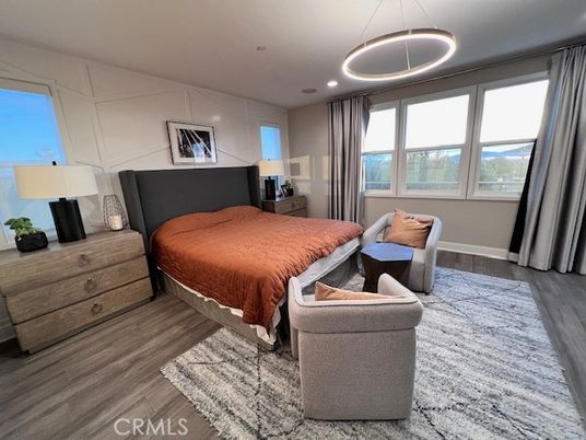 Bedroom, Interior, Pendant Lights, Recessed Lighting, Wood Texture Flooring