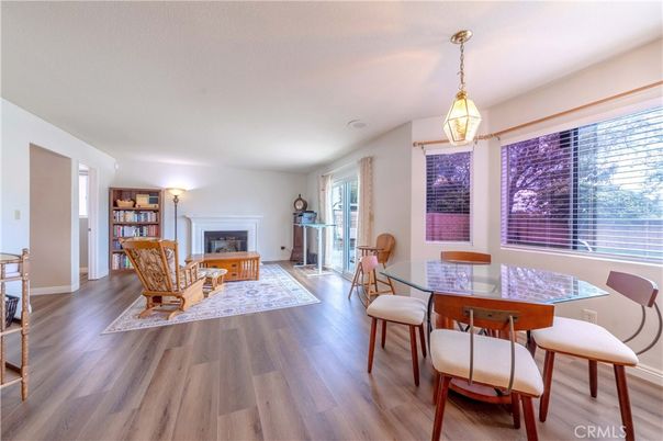 Dining room, Fireplace, Interior, Living room, Pendant Lights, Wood Texture Flooring