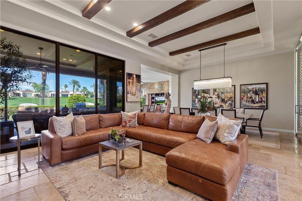 Dining room, Interior, Living room, Pendant Lights, Recessed Lighting, Wooden Beams