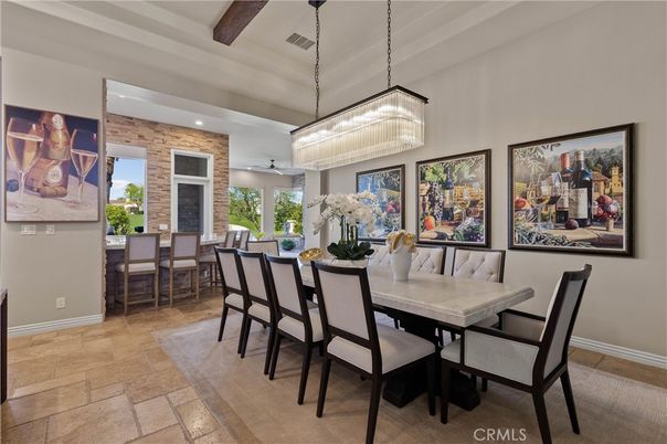 Chandelier, Dining room, Interior, Recessed Lighting, Stone Walls, Wooden Beams