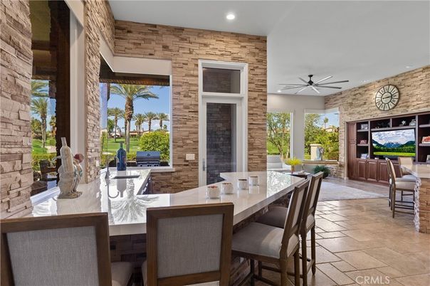 Dining room, Fireplace, Interior, Recessed Lighting, Stone Walls